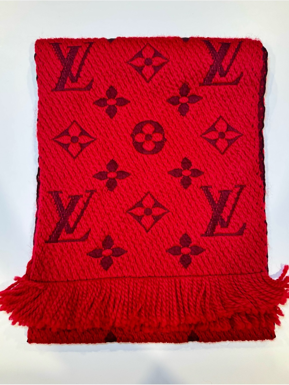 Louis Vuitton Logomania Reversible Rubis Red Wool And Silk Scarf - Picture 2 of 11